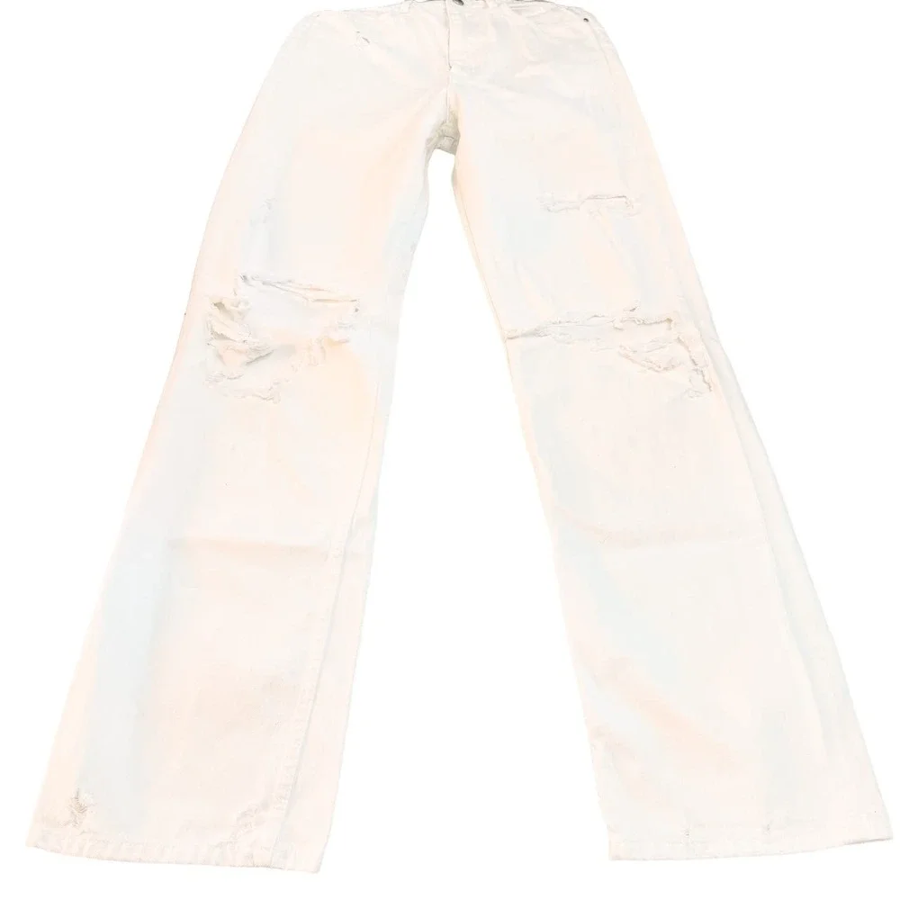 Zara Flare White Denim Jeans Button Fly Ripped Throuhout Size 06